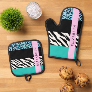 Leopard Print, Zebra Print, Blue, Your Name Oven Mitt & Pot Holder Set