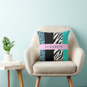 Leopard Print, Zebra Print, Blue, Your Name Throw Pillow
