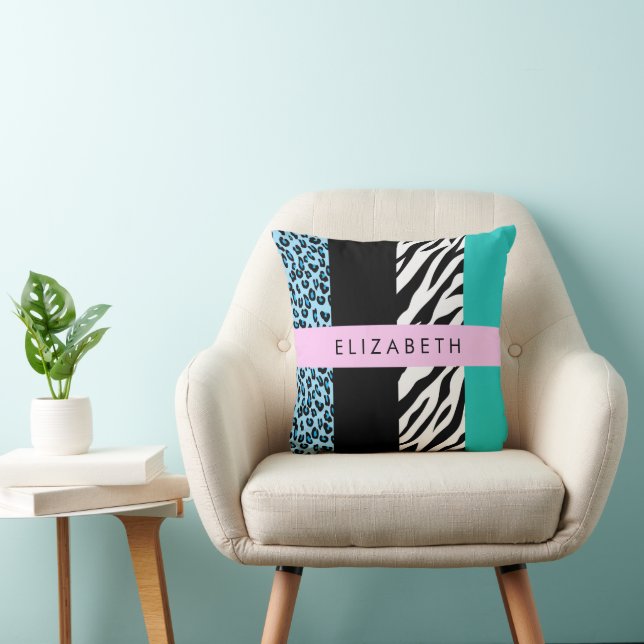 Leopard Print, Zebra Print, Blue, Your Name Throw Pillow (Chair)