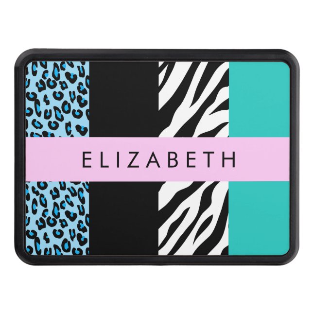 Leopard Print, Zebra Print, Blue, Your Name Trailer Hitch Cover (Front)