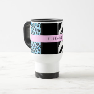 Leopard Print, Zebra Print, Blue, Your Name Travel Mug