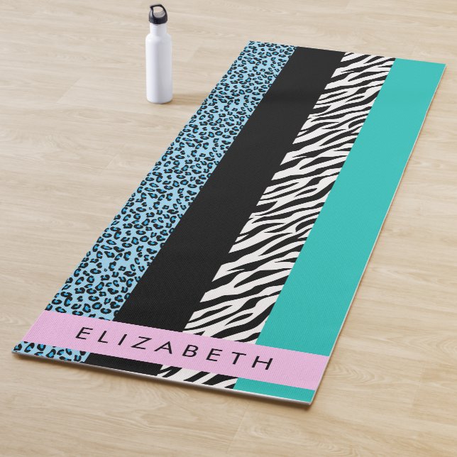 Leopard Print, Zebra Print, Blue, Your Name Yoga Mat (In Situ)