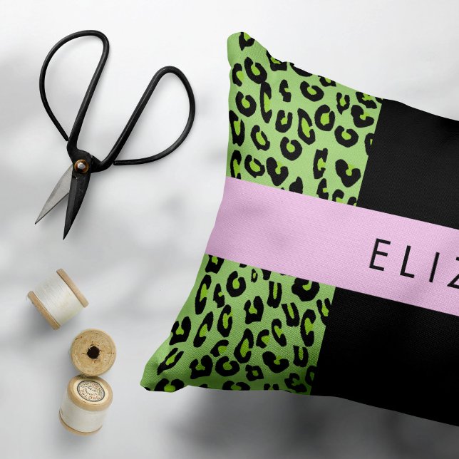Leopard Print, Zebra Print, Green, Your Name Accent Pillow (Creator Uploaded)
