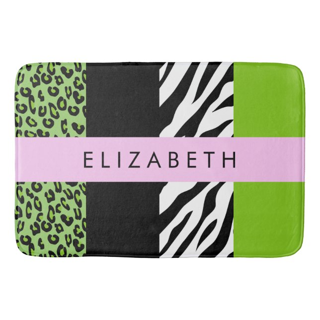Leopard Print, Zebra Print, Green, Your Name Bath Mat (Front)