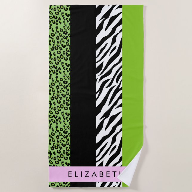 Leopard Print, Zebra Print, Green, Your Name Beach Towel (Front)