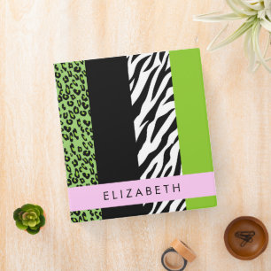 Leopard Print, Zebra Print, Green, Your Name Binder