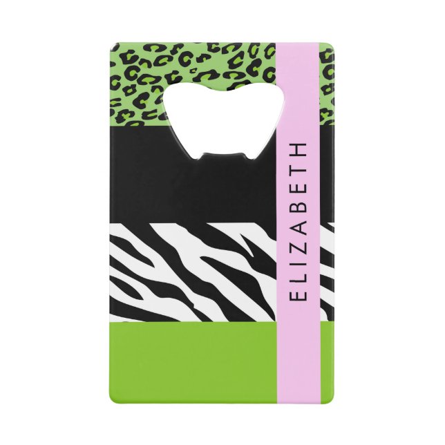 Leopard Print, Zebra Print, Green, Your Name Credit Card Bottle Opener (Front)