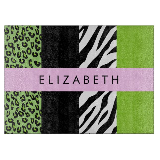 Leopard Print, Zebra Print, Green, Your Name Cutting Board (Front)