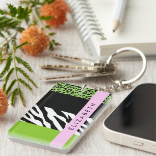 Leopard Print, Zebra Print, Green, Your Name Keychain