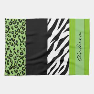 Leopard Print, Zebra Print, Green, Your Name Kitchen Towel