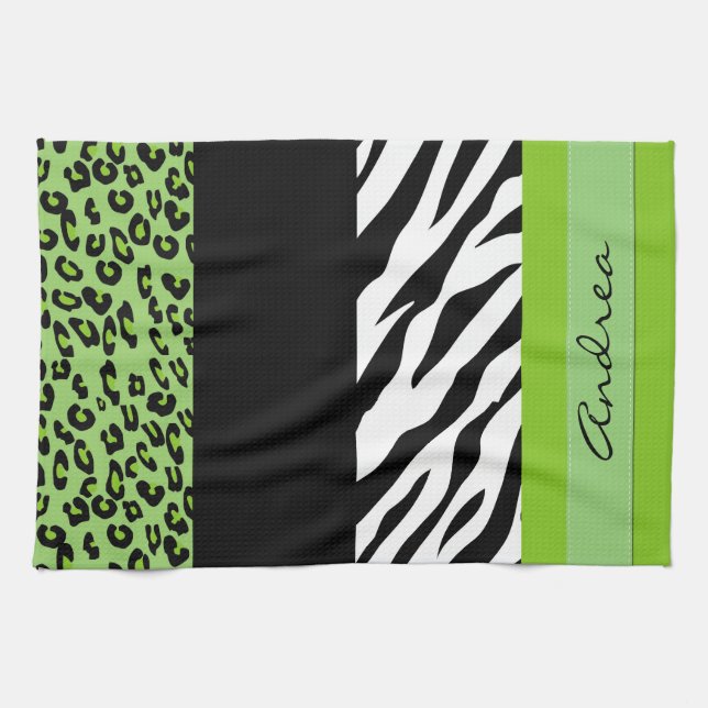 Leopard Print, Zebra Print, Green, Your Name Kitchen Towel (Horizontal)
