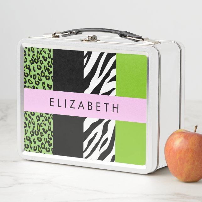 Leopard Print, Zebra Print, Green, Your Name Metal Lunch Box (In Situ)
