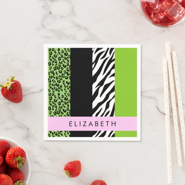 Leopard Print, Zebra Print, Green, Your Name Napkin (Insitu)
