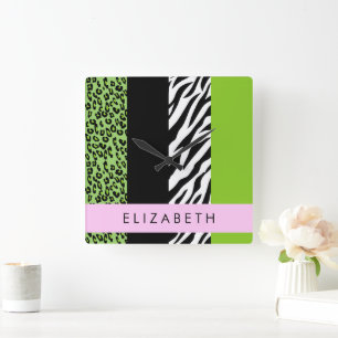 Leopard Print, Zebra Print, Green, Your Name Square Wall Clock