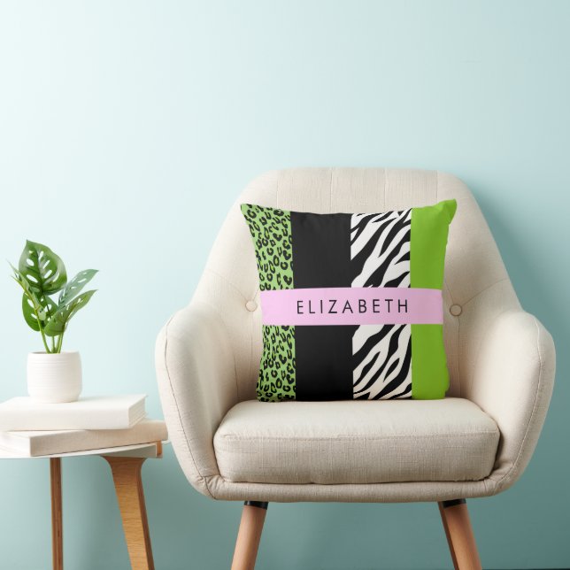 Leopard Print, Zebra Print, Green, Your Name Throw Pillow (Chair)