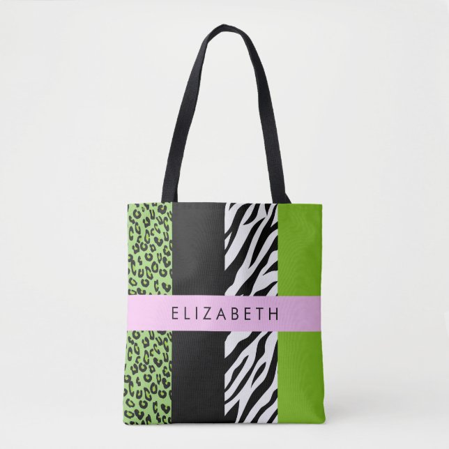 Leopard Print, Zebra Print, Green, Your Name Tote Bag (Front)