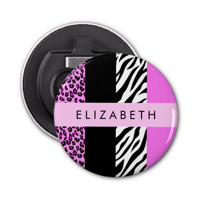 Leopard Print, Zebra Print, Pink, Your Name Bottle Opener (Front)