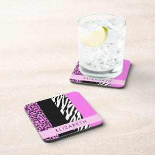 Leopard Print, Zebra Print, Pink, Your Name Coaster