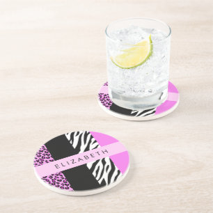 Leopard Print, Zebra Print, Pink, Your Name Coaster