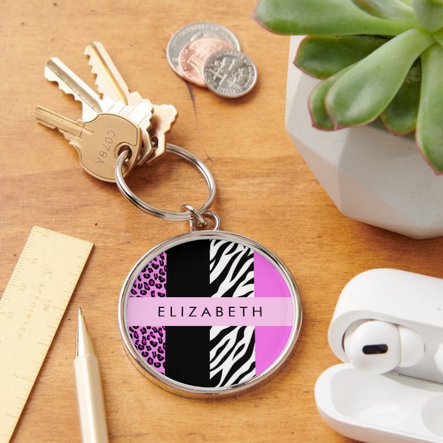 Leopard Print, Zebra Print, Pink, Your Name Keychain (Desk)