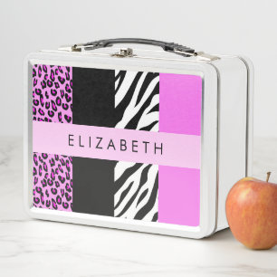 Leopard Print, Zebra Print, Pink, Your Name Metal Lunch Box