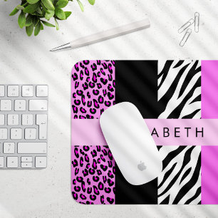 Leopard Print, Zebra Print, Pink, Your Name Mouse Pad
