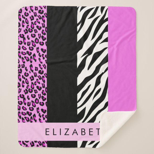 Leopard Print, Zebra Print, Pink, Your Name Sherpa Blanket (Front)