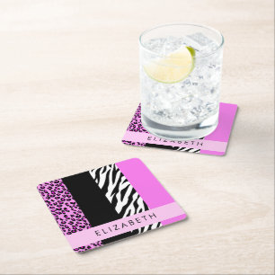Leopard Print, Zebra Print, Pink, Your Name Square Paper Coaster