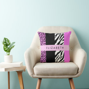 Leopard Print, Zebra Print, Pink, Your Name Throw Pillow