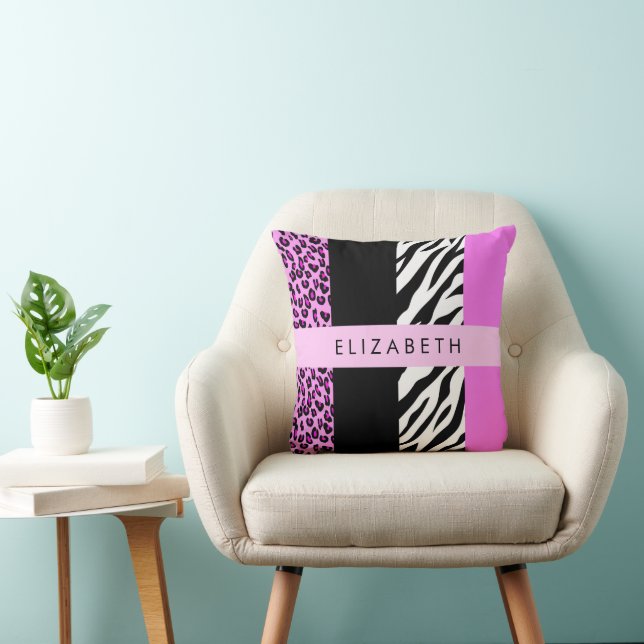 Leopard Print, Zebra Print, Pink, Your Name Throw Pillow (Chair)