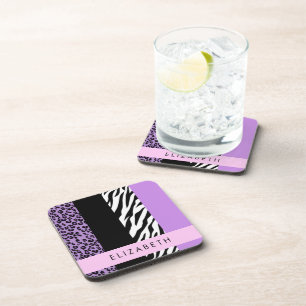 Leopard Print, Zebra Print, Purple, Your Name Coaster