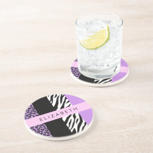 Leopard Print, Zebra Print, Purple, Your Name Coaster