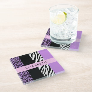 Leopard Print, Zebra Print, Purple, Your Name Glass Coaster