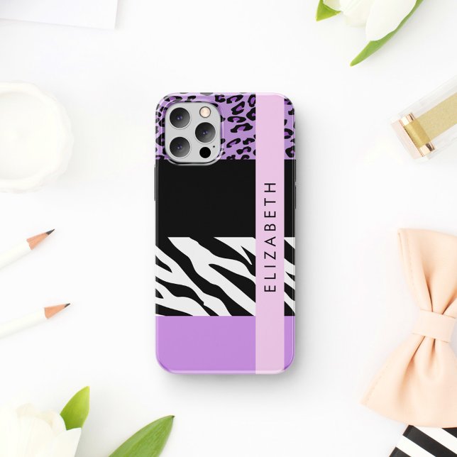 Leopard Print, Zebra Print, Purple, Your Name iPhone 16 Case (Creator Uploaded)