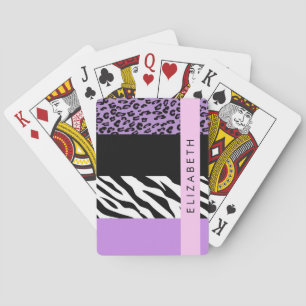 Leopard Print, Zebra Print, Purple, Your Name Playing Cards
