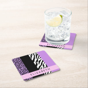 Leopard Print, Zebra Print, Purple, Your Name Square Paper Coaster