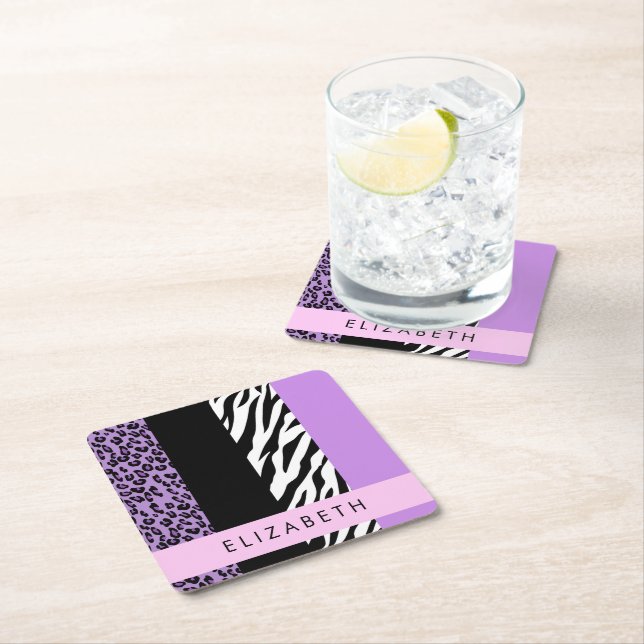 Leopard Print, Zebra Print, Purple, Your Name Square Paper Coaster (Insitu)