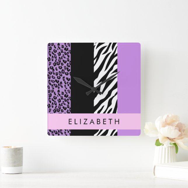 Leopard Print, Zebra Print, Purple, Your Name Square Wall Clock (Home)