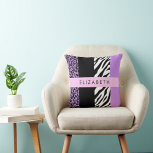 Leopard Print, Zebra Print, Purple, Your Name Throw Pillow