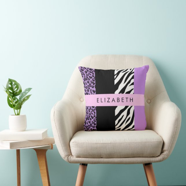 Leopard Print, Zebra Print, Purple, Your Name Throw Pillow (Chair)