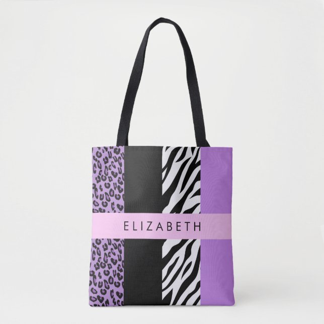 Leopard Print, Zebra Print, Purple, Your Name Tote Bag (Front)