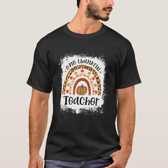 Leopard Pumpkin Fall Rainbow One Thankful Teacher T-Shirt (Front)