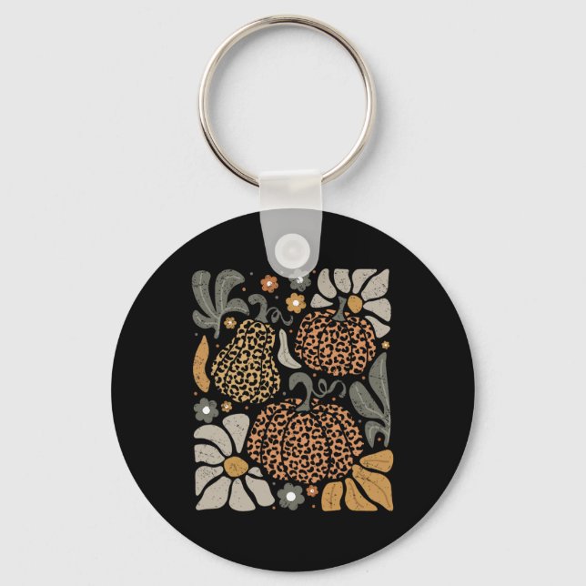Leopard Pumpkin With Flowers Boho Floral Thanksgiv Keychain (Front)