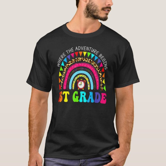 Leopard Rainbow 1st Grade Where The Adventure Begi T-Shirt (Front)