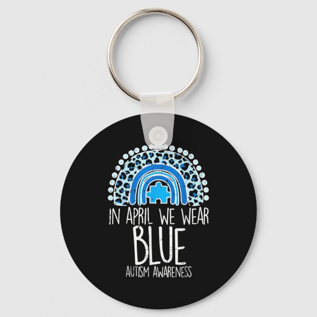 Leopard Rainbow April We Wear Blue Autism Awarenes Keychain (Front)