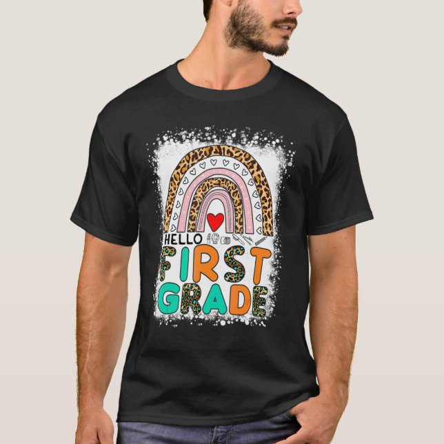 Leopard Rainbow Bleached Back To School Hello Firs T-Shirt (Front)