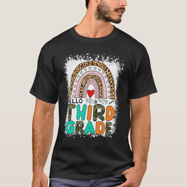 Leopard Rainbow Bleached Back To School Hello Thir T-Shirt (Front)