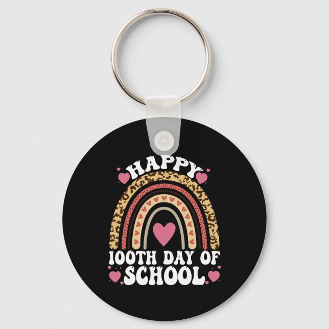 Leopard Rainbow Happy 100th Day School Cute 100 Da Keychain (Front)