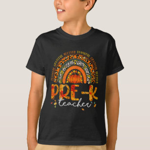Leopard Rainbow Thankful Pre K Teacher Fall Thanks T-Shirt