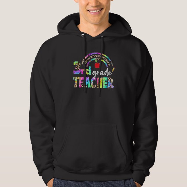 Leopard Rainbow Third Grade Teacher Squad Back To  Hoodie (Front)